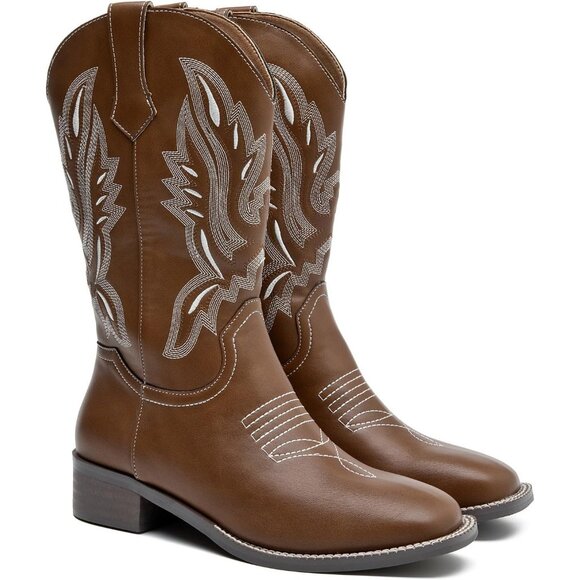 kkdom Women Brown Cowboy Square Toe Western Cowgirl Mid Calf Boot - Picture 4 of 8